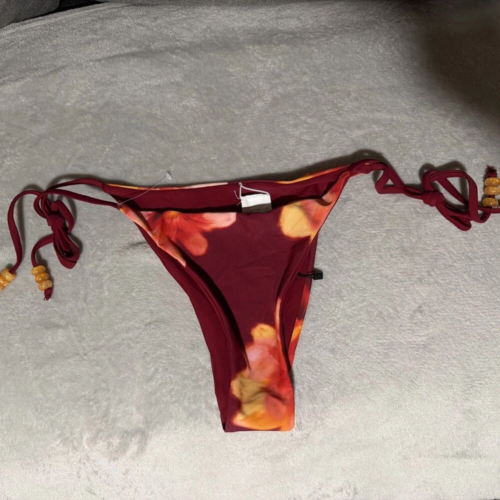 Princess Polly Maki Beaded Tie Side Bikini Bottoms Burgundy Floral US 10